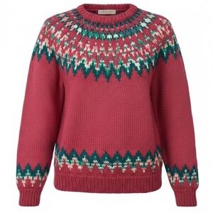 Vintage Fair Isle Patterned Sweater in Pink, White and Green, Women’s Small